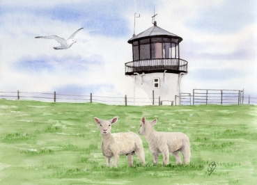 Postkarte DIN-A5  Aquarell Maritim Kunst Druck Kunstdruck Nordsee Cuxhaven Leuchtturm Dicke Berta Schafe